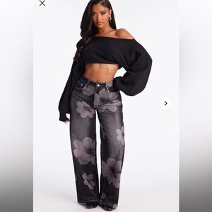 Floral Print Wide Leg Jeans - Black with Washed White Flowers